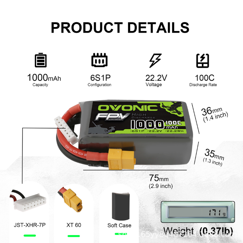 2Pcs OVONIC 1000mAh 100C 22.2V - مراجعة Drone Battery 6S وسعره
